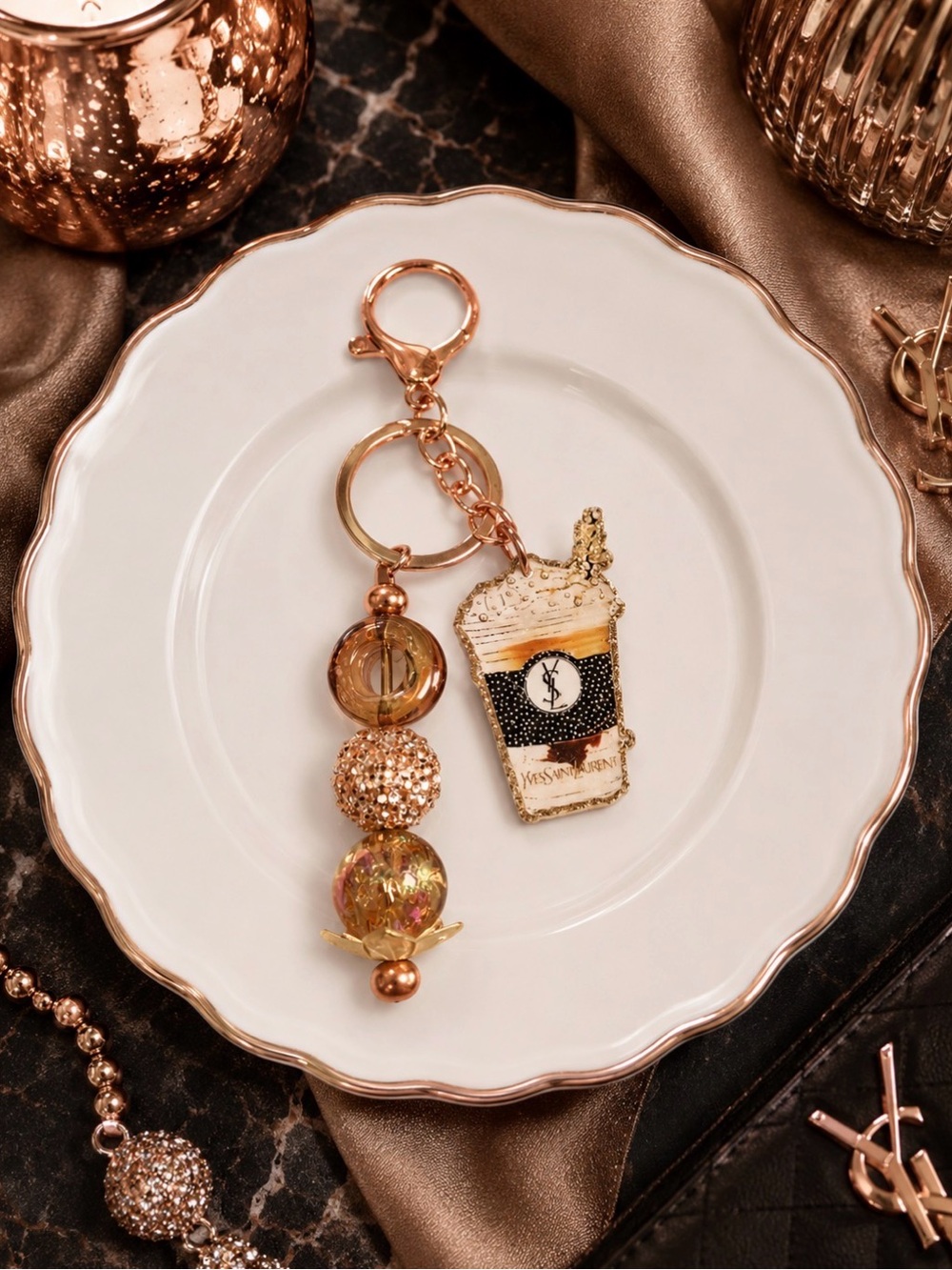 Hand Crafted Inspired Rose Gold & Black Beaded Coffee Cup Keychain
